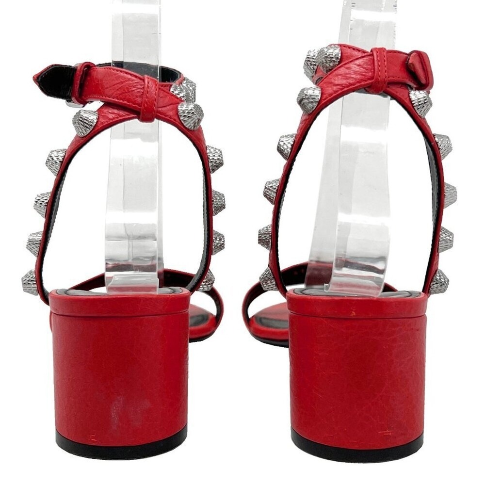 Balenciaga Red Leather Studded Sandals Silver Heel Shoes 37 - Picture 5 of 9